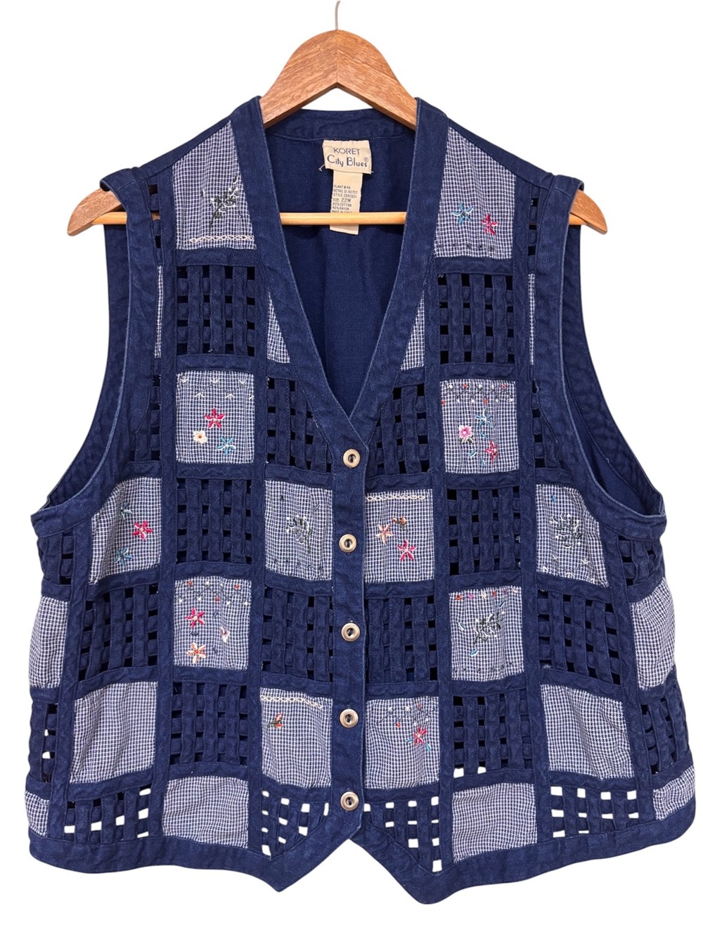 Vintage Koret City Blues Patchwork Embroidered Vest 22W Cottagecore Boho Teacher